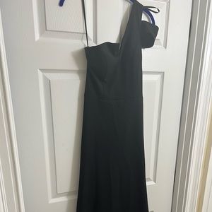 Aqua black formal gown with ruffle detailing on the back
